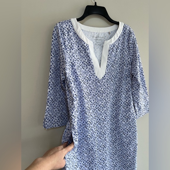 Tommy Bahama Islandzone 3/4 Sleeve Tile Print Isle Tunic Dress, Blue & White, SP - Picture 6 of 11